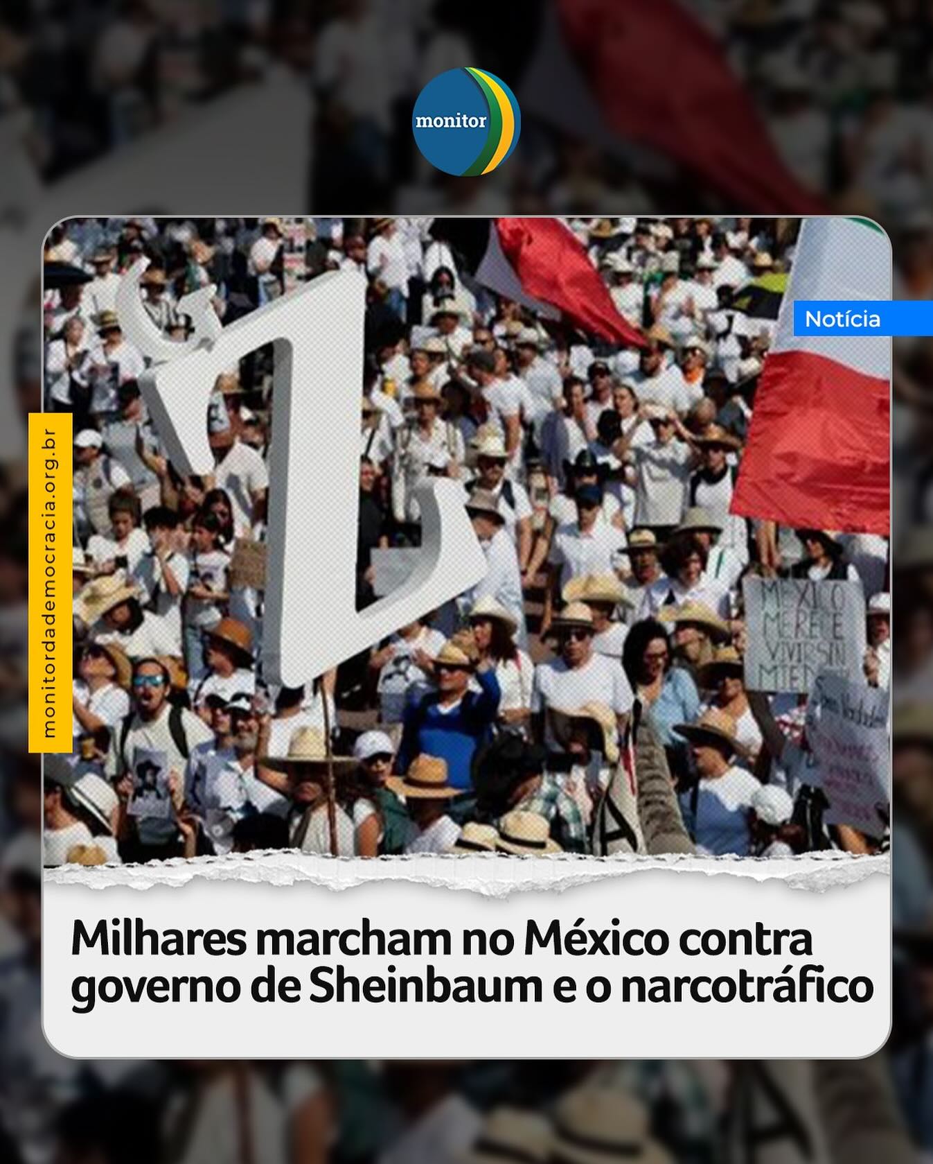 Milhares de pessoas marcharam neste sábado (15) nas ruas da Cidade do México para protestar contra a violência e a política de segurança do governo liderado pela presidente Claudia Sheinbaum.

A manifestação foi convocada pelas redes sociais por representantes da geração Z (menores de 28 anos).

Muitos presentes na marcha, que percorreu importantes avenidas do centro da capital, portavam chapéus semelhantes ao usado por Carlos Manzo, prefeito de Uruapan, no estado de Michoacán (oeste), assassinado em 1º de novembro e que ganhou fama ao perseguir criminosos pessoalmente, a bordo de patrulhas e até mesmo de um helicóptero.

#méxico #sheinbaum #monitordademocracia