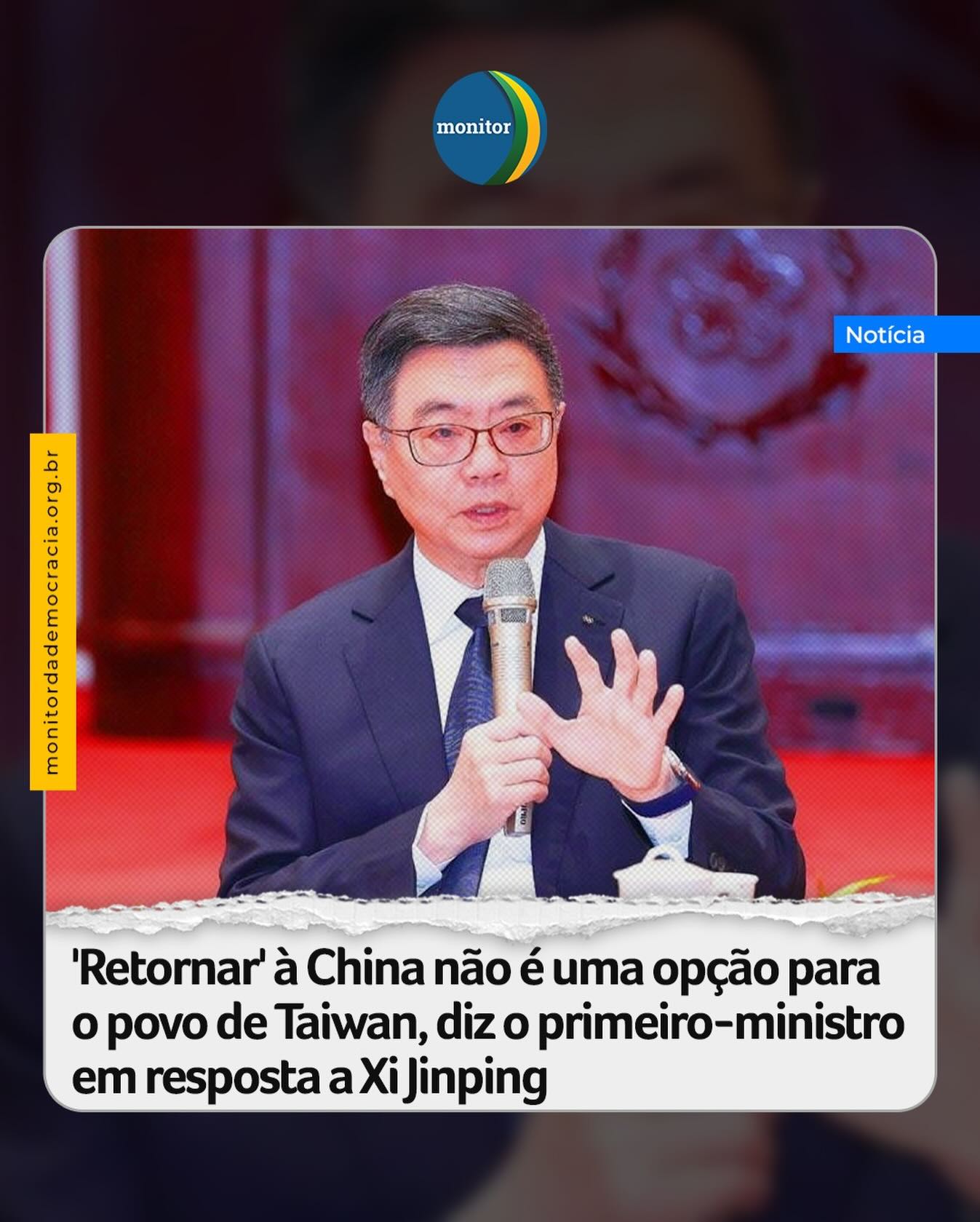 O primeiro-ministro de Taiwan, Cho Jung-tai, afirmou na terça-feira que um “retorno” à China não é uma opção para os 23 milhões de habitantes da ilha, após o presidente chinês, Xi Jinping, ter insistido nas reivindicações de soberania de seu país em uma ligação com o presidente dos EUA, Donald Trump.

Xi disse a Trump na segunda-feira que o “retorno de Taiwan à China” ao final da Segunda Guerra Mundial foi uma parte fundamental da visão de Pequim para a ordem mundial. O governo democraticamente eleito de Taiwan rejeita veementemente a posição da China. 

“Devemos enfatizar mais uma vez que a República da China, Taiwan, é um país totalmente soberano e independente”, disse Cho a repórteres do lado de fora do parlamento, referindo-se ao nome oficial da ilha.

“Para os 23 milhões de habitantes de nossa nação, ‘retorno’ não é uma opção - isso é muito claro”, acrescentou.

#taiwan #china #monitordademocracia