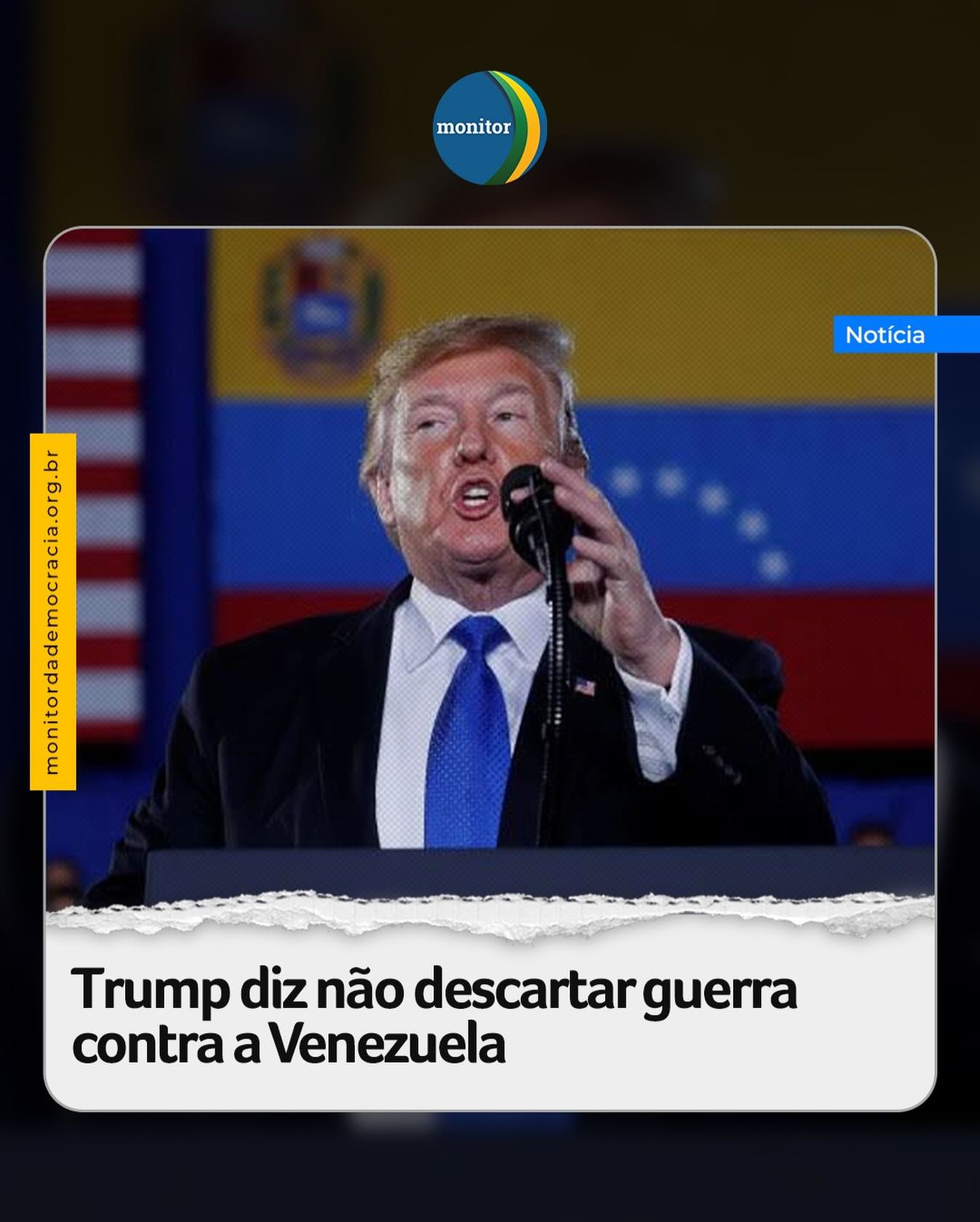 O presidente dos Estados Unidos, Donald Trump, disse que ainda considera a possibilidade de guerra com a Venezuela, segundo entrevista concedida à NBC News..

“Não descarto essa possibilidade, não”, declarou ele à NBC News em entrevista por telefone.

Trump também afirmou que haverá novas apreensões de petroleiros perto das águas venezuelanas, segundo a entrevista. Os EUA apreenderam um petroleiro sujeito a sanções na costa da Venezuela na semana passada.

“Se eles forem tolos o suficiente para continuar navegando, vão acabar voltando para um dos nossos portos”, continuou ele à NBC News.

#nbc #trump #monitordademocracia