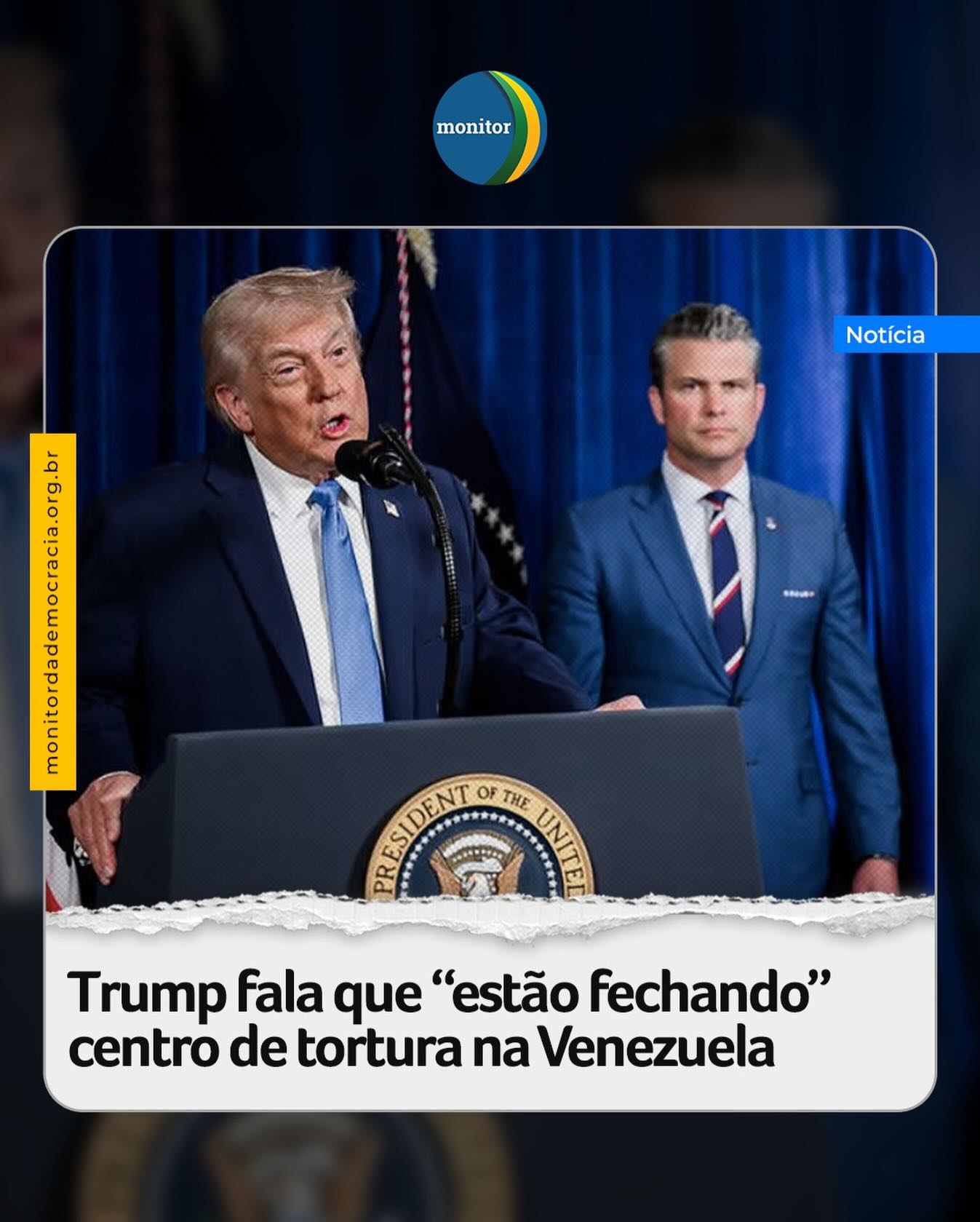 O presidente dos Estados Unidos, Donald Trump, afirmou que “estão fechando” um centro de tortura em Caracas, capital da Venezuela.

“Eu estou feliz com esse país [Venezuela]. Eles ficaram com esse cara [Nicolás Maduro] por anos e anos. Ele é um cara violento. Ele tentou imitar a minha dança um pouco. Mas ele é um cara violento. Ele matou milhões de pessoas. Ele torturou. Eles têm uma câmara de tortura no meio de Caracas, que eles estão fechando“, afirmou Trump.

Trump não disse qual seria o centro. A organização civil Voces de la Memória já contou 17 centros de tortura na área metropolitana de Caracas.

#trump #maduro #caracas #delcyrodriguez #monitordademocracia