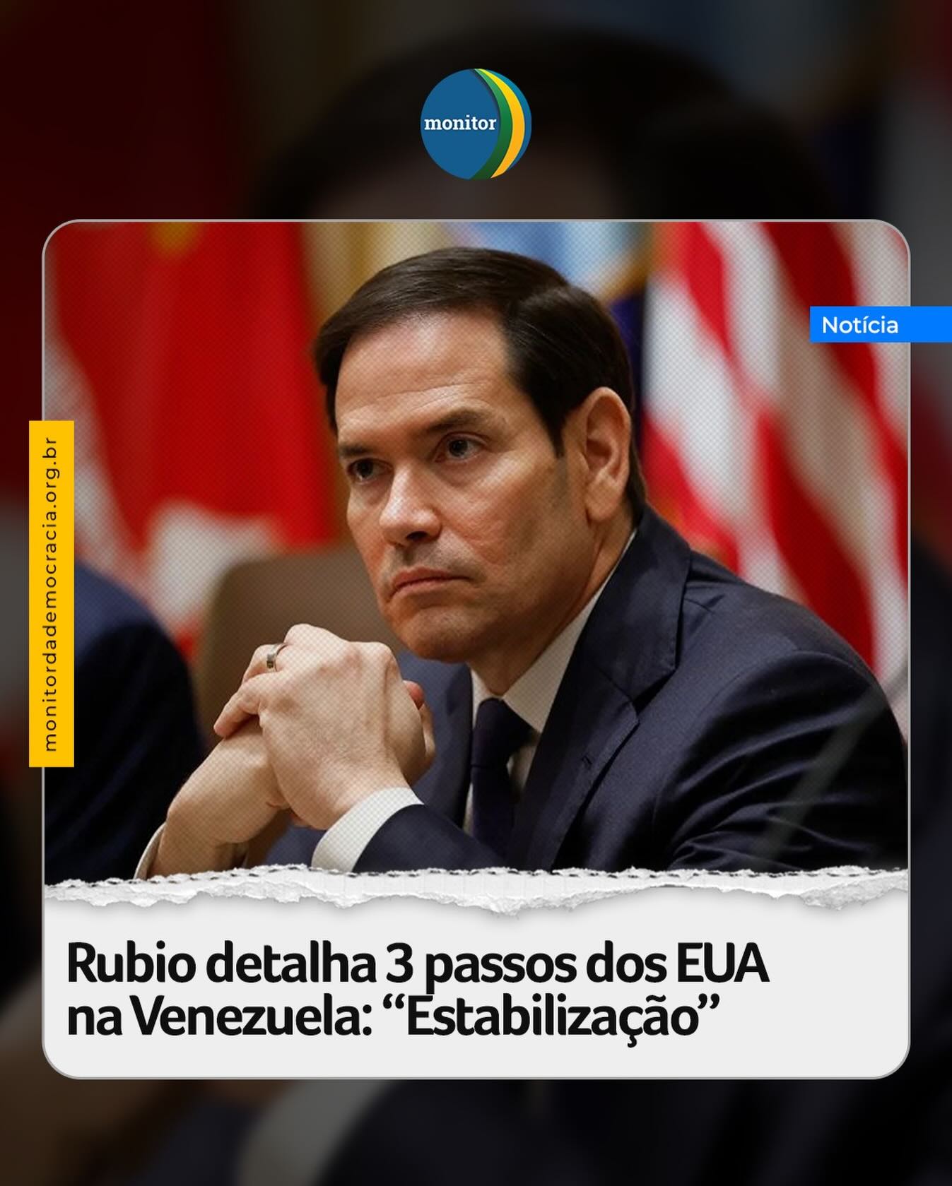 O secretário de Estado dos Estados Unidos, Marco Rubio, detalhou a estratégia norte-americana para reestruturar a economia e a política da Venezuela. 

Nesta quarta-feira (7/1), Rubio concedeu uma entrevista no Congresso dos EUA, após a captura do presidente venezuelano, Nicolás Maduro, e da esposa dele, Cília Flores. “Temos um processo em três etapas na Venezuela: a primeira é a estabilização do país. Vamos extrair entre 30 e 50 milhões barris de petróleo. Nós vamos vendê-lo no mercado. Esse dinheiro será, então, tratado de uma forma que nós vamos controlá-lo, de uma forma que beneficie as pessoas venezuelanas, não a corrupção, não o regime. Então, nós temos muito empoderamento para nos movermos à frente da estabilização”, destacou.

Após a captura de Maduro, Rubio enfatizou que a ação militar visa proteger interesses nacionais dos EUA, assim como beneficiar o povo venezuelano, que vivia sob regime ditatorial, com uma crise econômica severa.

#maduro #rubio #trump #venezuela #monitordademocracia