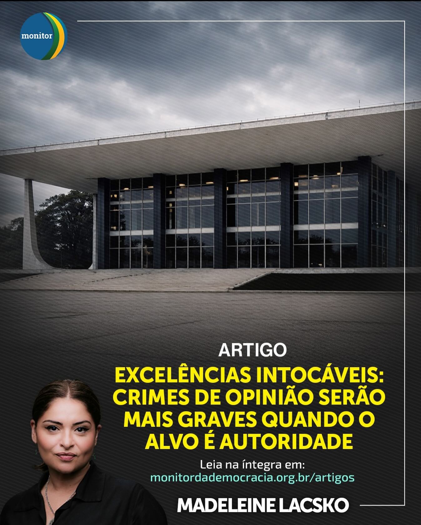 Todos são iguais perante a lei, mas alguns são “mais iguais” que outros? 🤔

No seu mais novo artigo para o Monitor, a nossa conselheira Madeleine Lacsko joga luz sobre uma tendência perigosa: a criação de uma blindagem jurídica para autoridades sob o pretexto de combater crimes de opinião.

Se você critica um vizinho, o peso é um. Se a crítica for a uma “Excelência”, o preço pode ser muito mais alto. Estamos criando uma casta de intocáveis?

• A liberdade de expressão está sob novo cerco?
• Onde termina a proteção da honra e começa o privilégio?

Leia o artigo completo no link da bio! 🔗

#democracia #liberdadedeexpressão #madeleinelacsko #monitordademocracia #direito