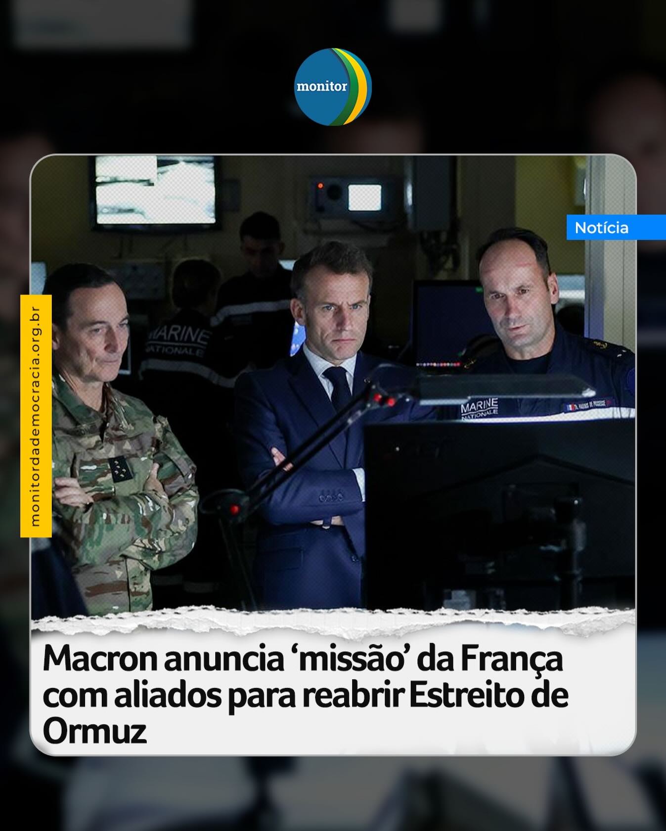 O presidente da França, Emmanuel Macron, anunciou que seu país e aliados estão preparando uma missão internacional para reabrir o Estreito de Ormuz, rota estratégica para o transporte global de petróleo que foi praticamente bloqueada pela guerra no Oriente Médio.

Segundo Macron, a operação será “puramente defensiva” e terá como objetivo escoltar navios comerciais, incluindo petroleiros e cargueiros, para permitir a retomada gradual do tráfego marítimo na região. ￼“Estamos no processo de estabelecer uma missão puramente defensiva, puramente de escolta, que deve ‌ser preparada em conjunto com os Estados europeus ⁠e não europeus”, afirmou o francês depois ⁠de se reunir com o presidente cipriota, Nikos Christodoulides, e o ⁠primeiro-ministro grego, Kyriakos ⁠Mitsotakis, no Chipre.

#frança #ormuz #irã #macron #monitordademocracia