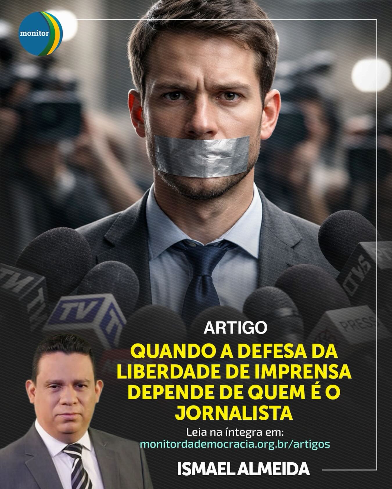 A liberdade de imprensa é um princípio universal ou um privilégio seletivo? 🤔

No seu mais recente artigo para o Monitor da Democracia, o nosso Diretor, Ismael Almeida, levanta uma questão fundamental: por que razão a defesa dos jornalistas parece, tantas vezes, depender de quem eles são ou das opiniões que defendem?

Uma reflexão necessária sobre a coerência na defesa da democracia e os perigos de relativizar ataques à profissão com base em ideologias.

👉 Leia o artigo completo através do link na nossa bio!

#monitordademocracia #liberdadedeimprensa #jornalismo #democracia #ismaelalmeida