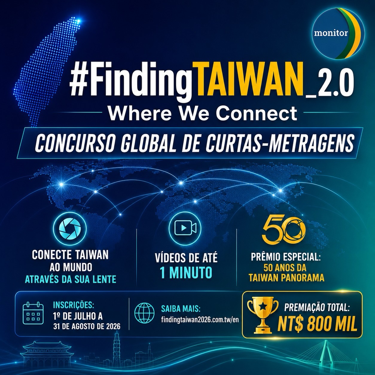 🎬 Taiwan está conectada ao mundo. Agora, queremos ver essa conexão pela sua lente.

O MOFA convida cineastas, criadores de conteúdo e apaixonados por audiovisual de todo o mundo a participarem do concurso de curtas-metragens #FindingTAIWAN_2.0: Where We Connect.

A proposta é simples: produzir um vídeo de até 1 minuto mostrando como Taiwan se conecta com o mundo por meio da cultura, tecnologia, inovação, sustentabilidade, democracia, educação, arte ou outras histórias que inspirem você. 🌏✨

Em celebração aos 50 anos da Taiwan Panorama, esta edição também contará com um Prêmio Especial para conteúdos inspirados nas matérias da revista. 🏆

📅 Inscrições: de 1º de julho a 31 de agosto de 2026
🔗 Participe: https://findingtaiwan2026.com.tw/en

Conte a sua história. Mostre sua visão. Conecte Taiwan ao mundo.

#FindingTAIWAN2026 #WhereWeConnect #Taiwan #ConcursoDeVídeo