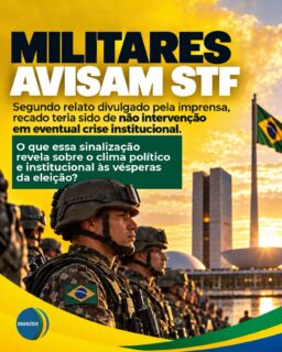 Segundo relato divulgado pela imprensa, militares teriam sinalizado a ministros do STF que não pretendem intervir diante de uma eventual crise institucional.

A informação ganha ainda mais atenção às vésperas da eleição, em um momento de forte debate sobre o papel das instituições, os limites entre os Poderes e a preservação da normalidade democrática.

O ponto central da discussão não é apenas o recado em si, mas o que ele representa dentro do atual ambiente político e institucional do país.

Em momentos de tensão, até onde deve ir a atuação de cada instituição? E qual deve ser o papel das Forças Armadas diante de possíveis conflitos entre os Poderes?

Na sua avaliação, esse tipo de posicionamento contribui para reforçar os limites institucionais ou revela um cenário de preocupação maior?

Comente sua opinião.