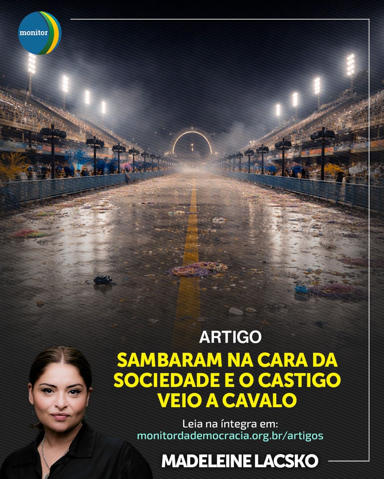 “Sambaram na cara da sociedade e o castigo veio a cavalo.” 🏇💨

O título do novo artigo de nossa Conselheira Madeleine Lacsko no Monitor da Democracia não poderia ser mais atual. Ela escreve sobre o momento em que a conta chega para aqueles que acreditaram estar acima do escrutínio público.

Sabe aquele distanciamento entre o que se decide “nas altas esferas” e o que o cidadão comum vive e sente? Pois é. Madeleine explica por que essa conta sempre acaba sendo cobrada — e nem sempre de forma suave.

Se você gosta de uma análise ácida, inteligente e sem rodeios, esse texto foi feito para você.

🔗 Link na bio para ler agora!

#política #brasília #opiniao #monitordademocracia madeleinelacsko