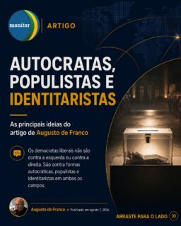 Autocracia, populismo e identitarismo não pertencem exclusivamente à esquerda ou à direita.

No artigo, Augusto de Franco propõe uma reflexão sobre essas diferentes formas de atuação política e sobre como elas podem se combinar em distintos campos ideológicos.

O debate vai além dos rótulos tradicionais e coloca no centro uma questão essencial: qual é a relação dessas correntes com a democracia liberal?

Arraste para conferir os principais pontos e leia a análise completa no site do Monitor da Democracia.

🌐 monitordademocracia.org.br