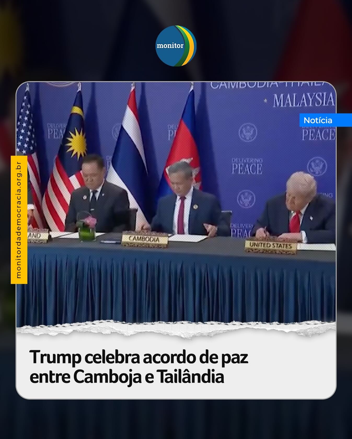 O presidente dos Estados Unidos, Donald Trump, participou neste domingo, 26, da assinatura de um acordo de cessar-fogo entre Camboja e Tailândia, durante sua passagem por Kuala Lumpur, na Malásia.

O documento foi assinado pelos primeiros-ministros Hun Manet, do Camboja, e Anutin Charnvirakul, da Tailândia, com a presença de Trump e do premiê malaio, Anwar Ibrahim.

#eua #camboja #tailandia #monitordademocracia