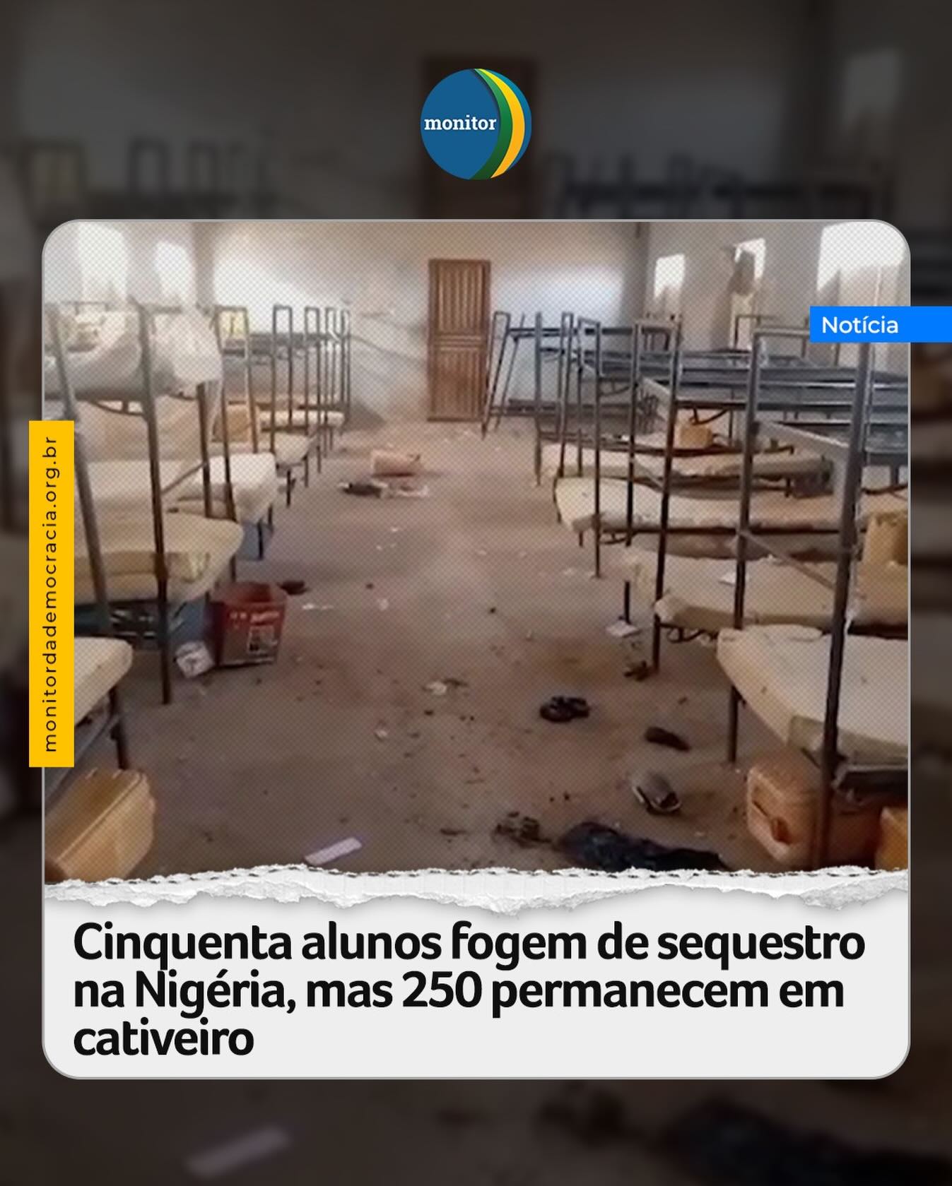 Cinquenta alunos, dentre as 303 pessoas sequestradas na sexta-feira (21) numa escola católica no norte da Nigéria, conseguiram fugir do cativeiro, informou hoje a Associação Cristã da Nigéria (CAN, na sigla em inglês).

Os alunos que conseguiram escapar retornaram para suas famílias. “Os alunos fugiram entre sexta-feira e sábado e já se reuniram com seus pais, pois não puderam retornar à escola após a fuga”, disse o porta-voz da CAN, o religioso Daniel Atori, em comunicado.

O porta-voz da organização disse que 265 pessoas continuam em cativeiro. São 253 crianças —incluindo 250 estudantes e três filhos de funcionários— e 12 professores, informa reportagem da CNN.

#cristãos #nigeria #monitordademocracia
