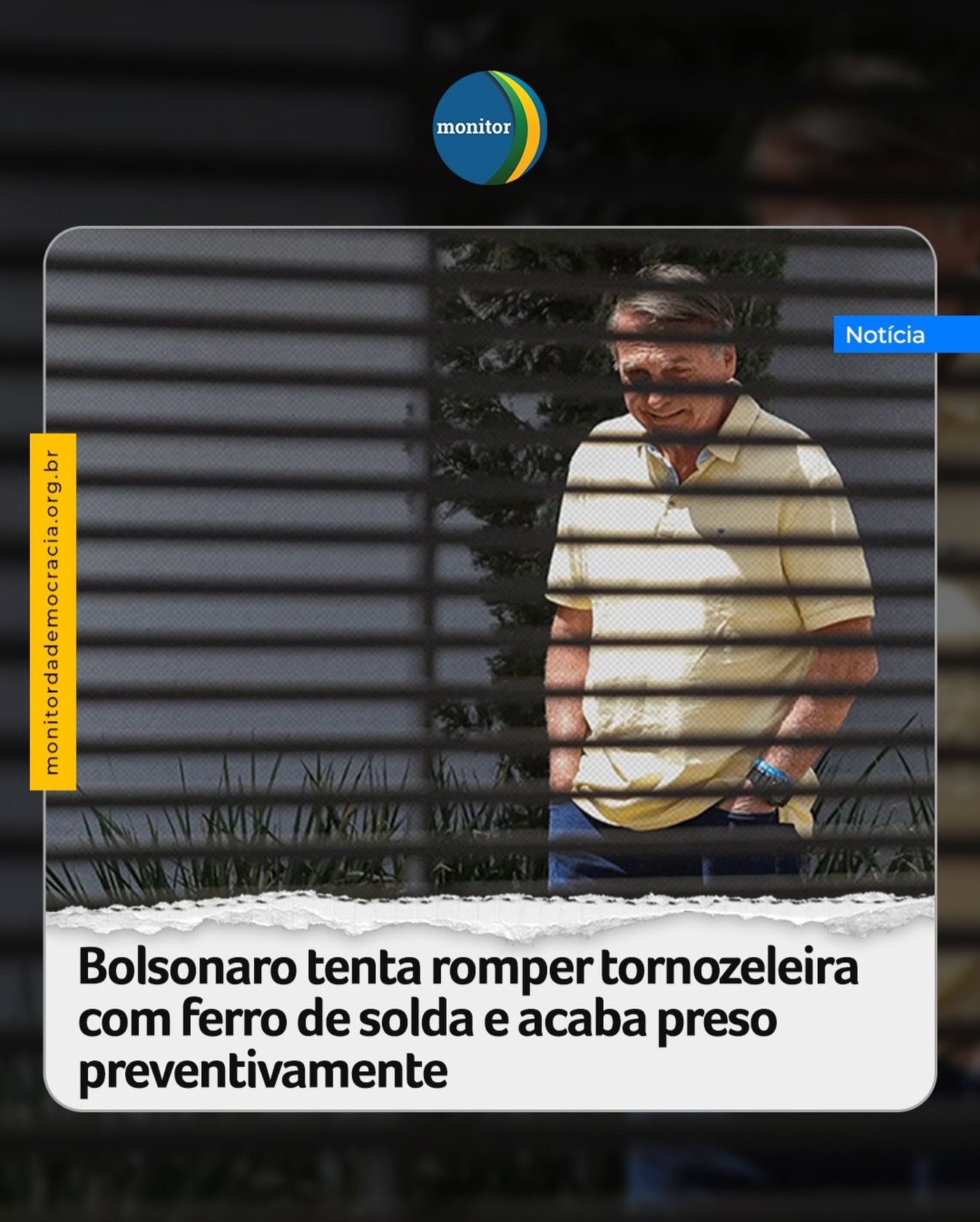 O ex-presidente Jair Bolsonaro (PL) disse à Polícia Federal que tentou romper a tornozeleira eletrônica que usava com ferro de solda, segundo documento da Seape-DF (Secretaria de Estado de Administração Penitenciária do Distrito Federal). Bolsonaro foi preso preventivamente na manhã de hoje.

Por decisão de Alexandre de Moraes, Bolsonaro foi enviado para a Superintendência da Polícia Federal, preso preventivamente. A Primeira Turma do Supremo vai decidir se mantém ou não a prisão preventiva em sessão convocada por Moraes para a próxima segunda, das 8h às 20h.

#bolsonaro #prisão #monitordademocracia