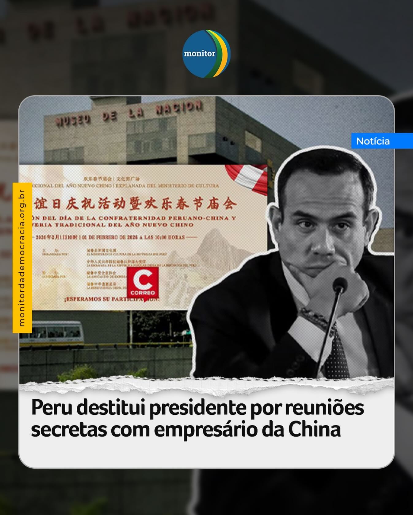 O Congresso da República do Peru destituiu o presidente do Congresso e presidente interino da República, José Jerí (Somos Peru, centro-direita), de 39 anos, por meio de uma moção de censura aprovada nesta 3ª feira (17.fev.2026). Foram 75 votos favoráveis à remoção do mandatário.

O processo foi motivado por encontros não divulgados mantidos com empresários chineses, o que levantou suspeitas de tráfico de influência. O principal argumento dos opositores foi a falta de transparência nas reuniões extraoficiais, que normalmente eram realizadas em restaurantes ou lojas de Lima, principalmente durante a madrugada.

O caso ficou conhecido como “Chifagate” –uma referência à culinária “Chifa”, conhecida por mesclar elementos peruanos e chineses. No total, o mandatário ficou apenas 130 dias na presidência.

#peru #chifagate #china #impeachment #monitordademocracia