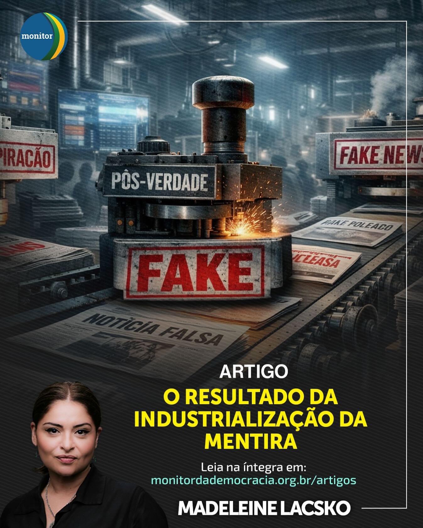 A mentira ganhou escala industrial — e nós estamos vivendo o resultado disso. 🏭⚠️

No novo artigo para o Monitor da Democracia, nossa conselheira Madeleine Lacsko disseca como a produção em massa de desinformação não apenas distorce fatos, mas corrói o tecido da confiança social.

É uma leitura essencial para entender as engrenagens por trás do que consumimos diariamente nas redes.

🔗 O link para o artigo completo está na nossa Bio!

#monitordademocracia #madeleinelacsko #democracia #desinformacao #fakenews