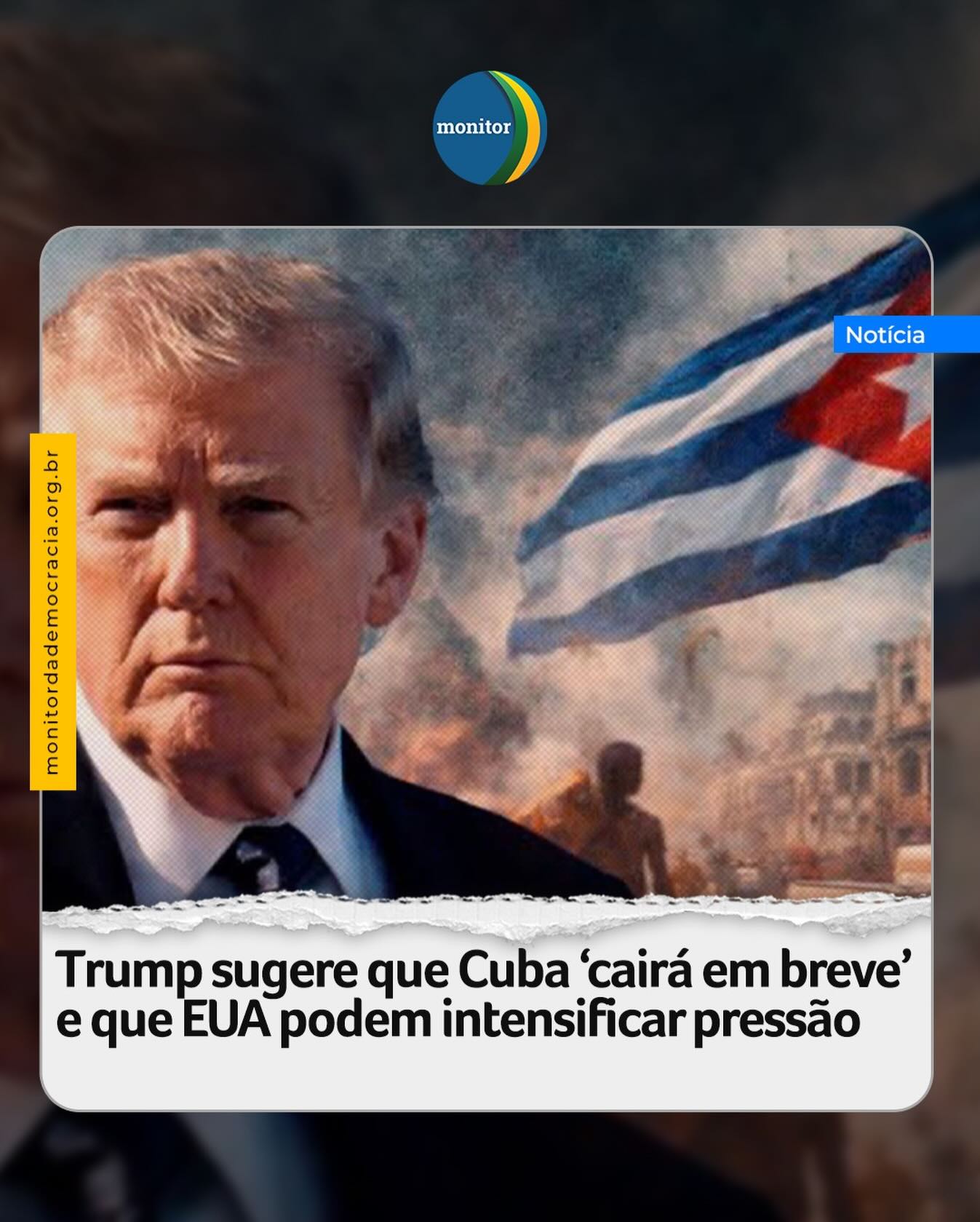 Cuba vai cair muito em breve, aliás, sem relação com o assunto, mas Cuba também vai cair. Eles querem muito fechar um acordo”, disse ele a Dana Bash, da CNN, em uma entrevista por telefone, enquanto exaltava o sucesso militar dos EUA em seu segundo mandato.

“Eles querem fechar um acordo, então vou colocar Marco (Rubio) lá e veremos como isso funciona. Estamos realmente focados nisso agora. Temos bastante tempo, mas Cuba está pronta — depois de 50 anos”, acrescentou o presidente.

#cuba #trump #diazcanel #trump #monitordademocracia