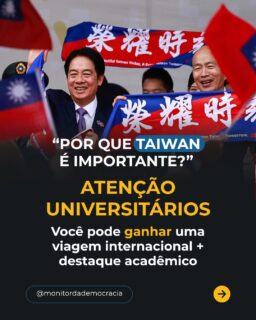 legenda: O Monitor da Democracia está com inscrições abertas para o Concurso Acadêmico Nacional “Por que Taiwan é importante?” — um tema que está no centro das discussões globais e que pode colocar você em evidência.

Mais do que um artigo, essa é uma oportunidade de se posicionar sobre geopolítica, democracia, tecnologia e economia global.

E o melhor: com prêmio internacional, publicação e reconhecimento acadêmico.

Se você é universitário ou pós-graduando e tem até 30 anos, não deixa passar.

Prazo final: 30 de junho de 2026

Acesse:

[www.monitordademocracia.org.br](http://www.monitordademocracia.org.br/)

E se você conhece alguém que precisa ver isso, envia agora ou marca aqui nos comentários.

Oportunidades assim não aparecem duas vezes.