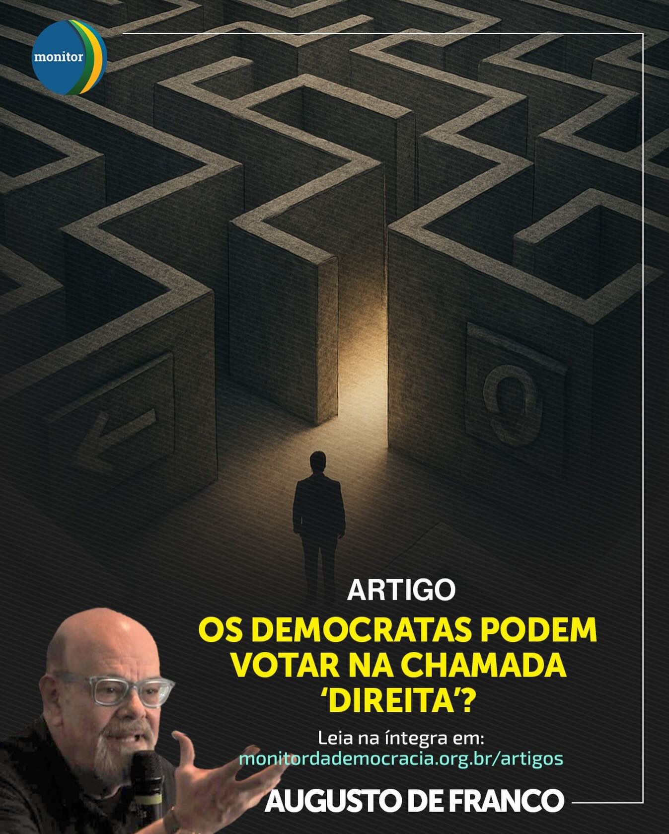 A polarização política tenta nos forçar a escolher lados o tempo todo. Mas e quando a questão central não é esquerda versus direita, e sim democracia versus autoritarismo? 🤔

No novo artigo do Conselheiro Augusto de Franco para o Monitor, essa pergunta crucial é explorada: “Os democratas podem votar na chamada direita?”

O texto desconstrói a ideia de um bloco único de “direita” e discute o que realmente define uma posição democrática neste momento complexo da nossa política. Uma leitura essencial para ir além dos chavões e formar uma opinião fundamentada.

📌 Salve este post para não perder a referência!
👉 O link para ler o artigo completo está na nossa bio!

#democracia #análisepolítica #augustodefranco #politicabrasileira #monitordademocracia #instapolitica