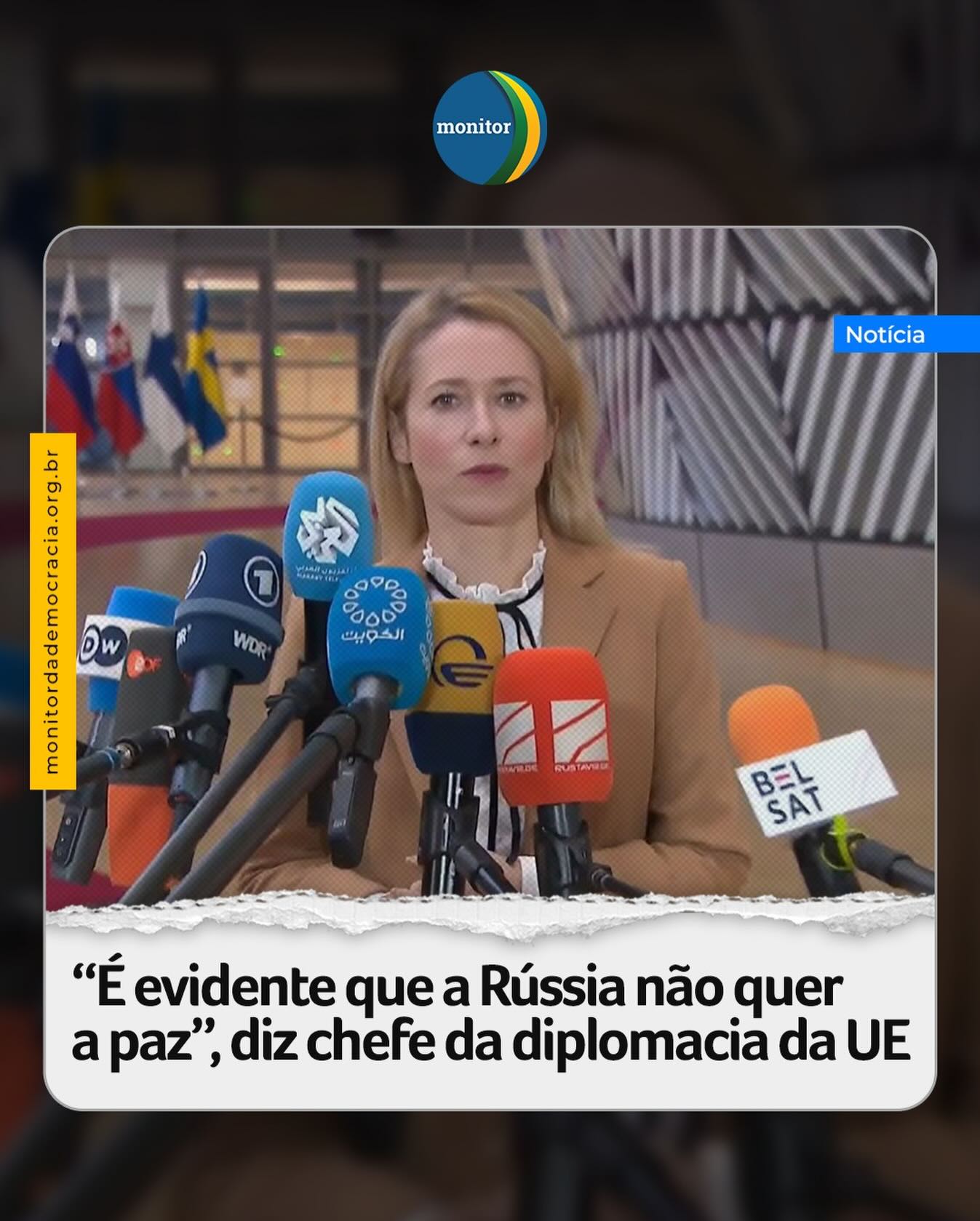 A chefe da diplomacia da União Europeia, Kaja Kallas, afirmou ser “evidente” que a Rússia, do ditador Vladimir Putin, não quer a paz e que é preciso tornar a Ucrânia “o mais forte possível”.

“É evidente que a Rússia não quer a paz. Portanto, precisamos tornar a Ucrânia o mais forte possível, a fim de que eles estejam prontos para se defender neste momento muito, muito difícil”, disse Kallas a jornalistas.

#ucrania #russia #monitordademocracia